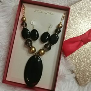 ERICA LYONS Black/Gold Stone Necklace & Earring Set NWT